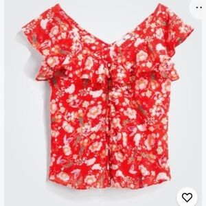 Q&A Red and White Floral Cotton Blouse with Flutter Sleeves